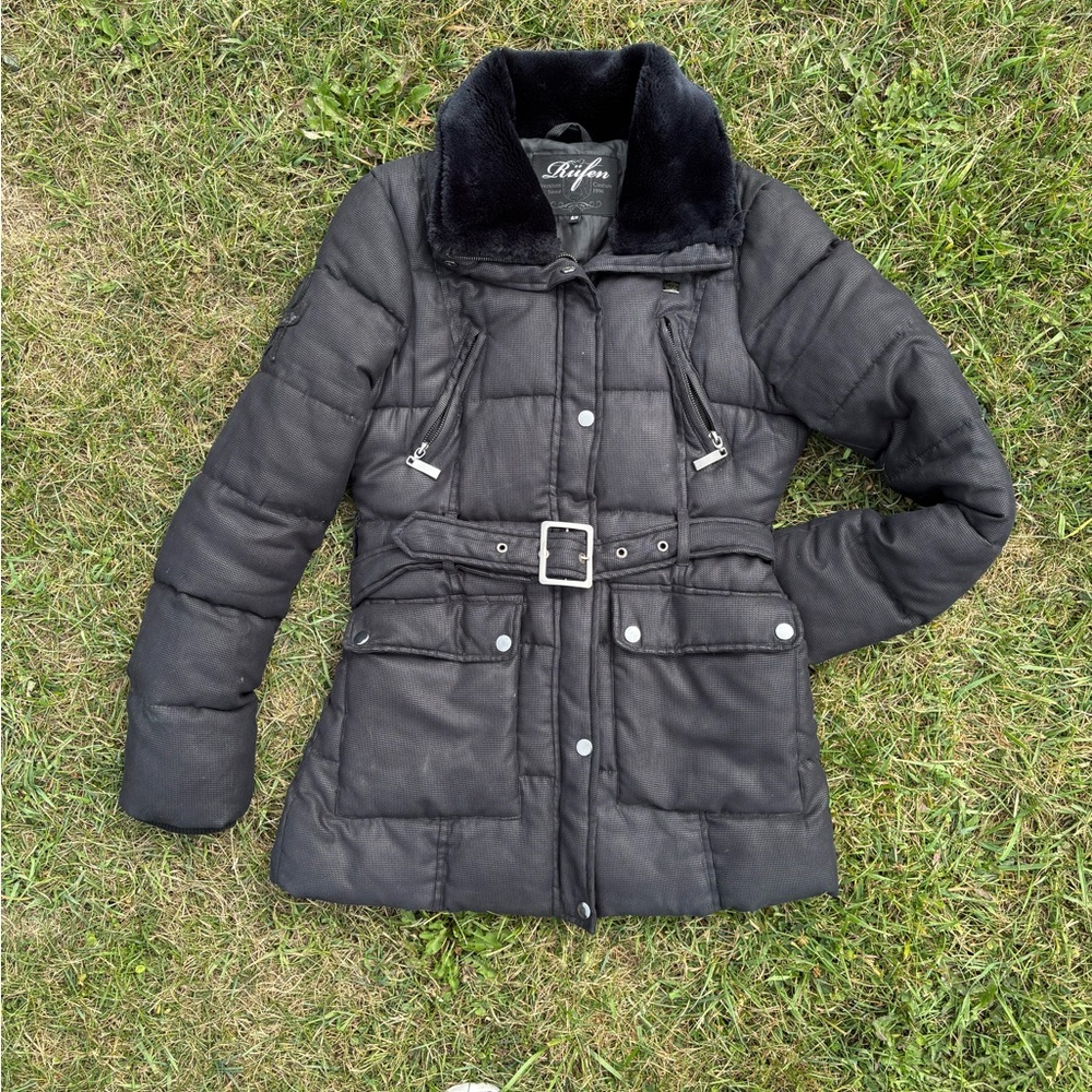 Black Puffer Jacket with Belt